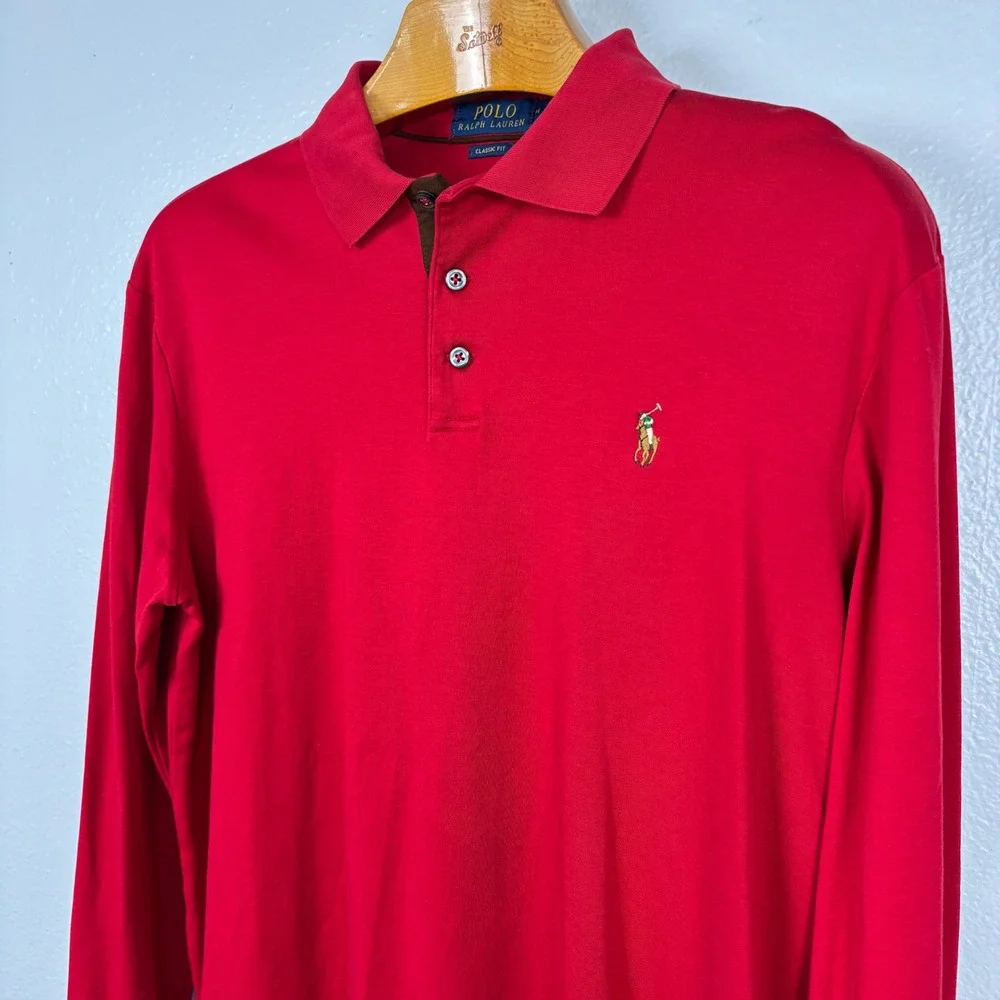 Polo Ralph Lauren Red‎ Long Sleeve Polo Shirt Mens M Classic Fit Multicolor Pony